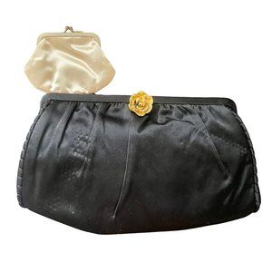Vintage clutch with Coin Purse Black with Gold Rose Clasp 1950s fashion midmod